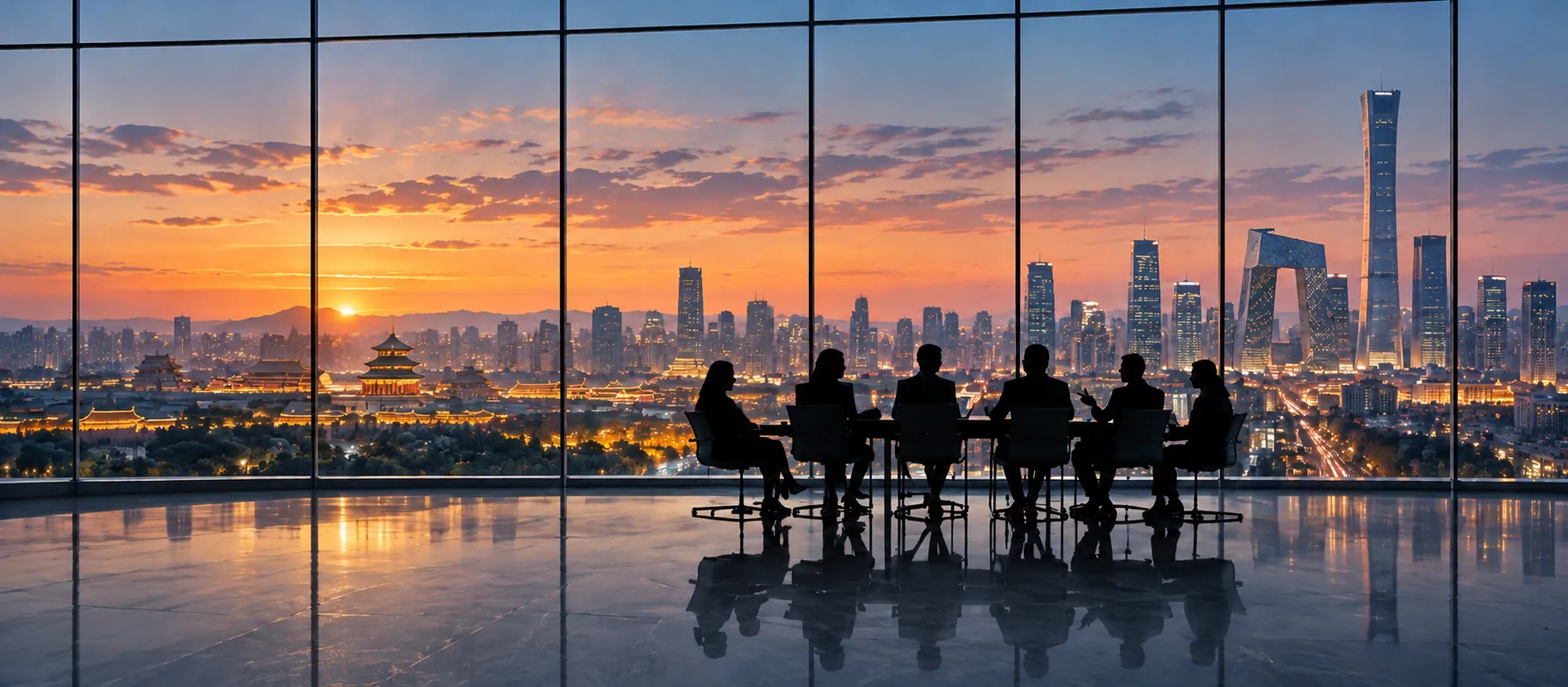 Business people meeting in silhouette before a city skyline at sunset